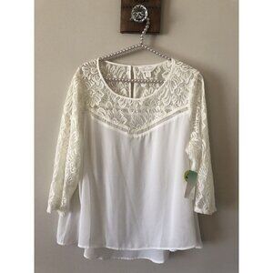 NWT Decree Juniors Plus Size 1X Cream Lace Trim Blouse 3/4 Sleeve